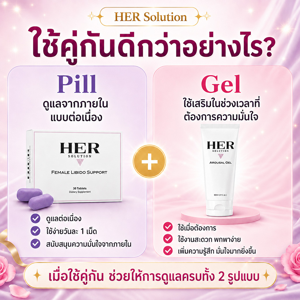 HER Solution Pill และ HER Solution Gel ใช้คู่กันเพื่อดูแลครบทั้งแบบรับประทานและแบบเจล