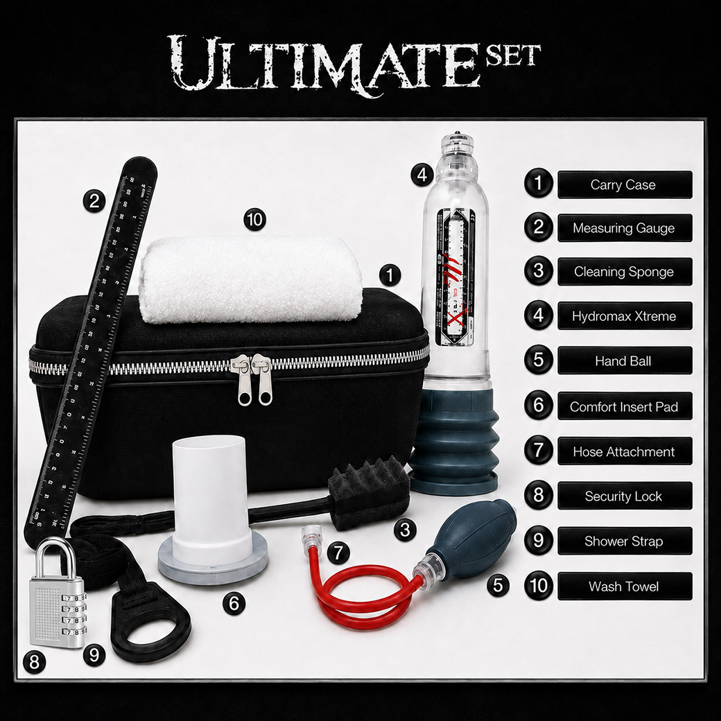 HydroXtreme 11 Ultimate Set รายละเอียดอุปกรณ์ครบชุด Carry Case Measuring Gauge Cleaning Sponge Hand Ball Comfort Insert Pad และ Shower Strap